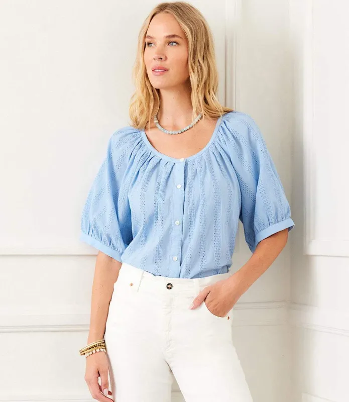 Short Sleeve Embroidered Peasant Top sold by Karen Kane