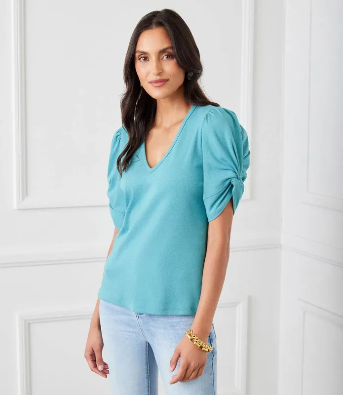Ribbed Twist Sleeve V-Neck Top sold by Karen Kane