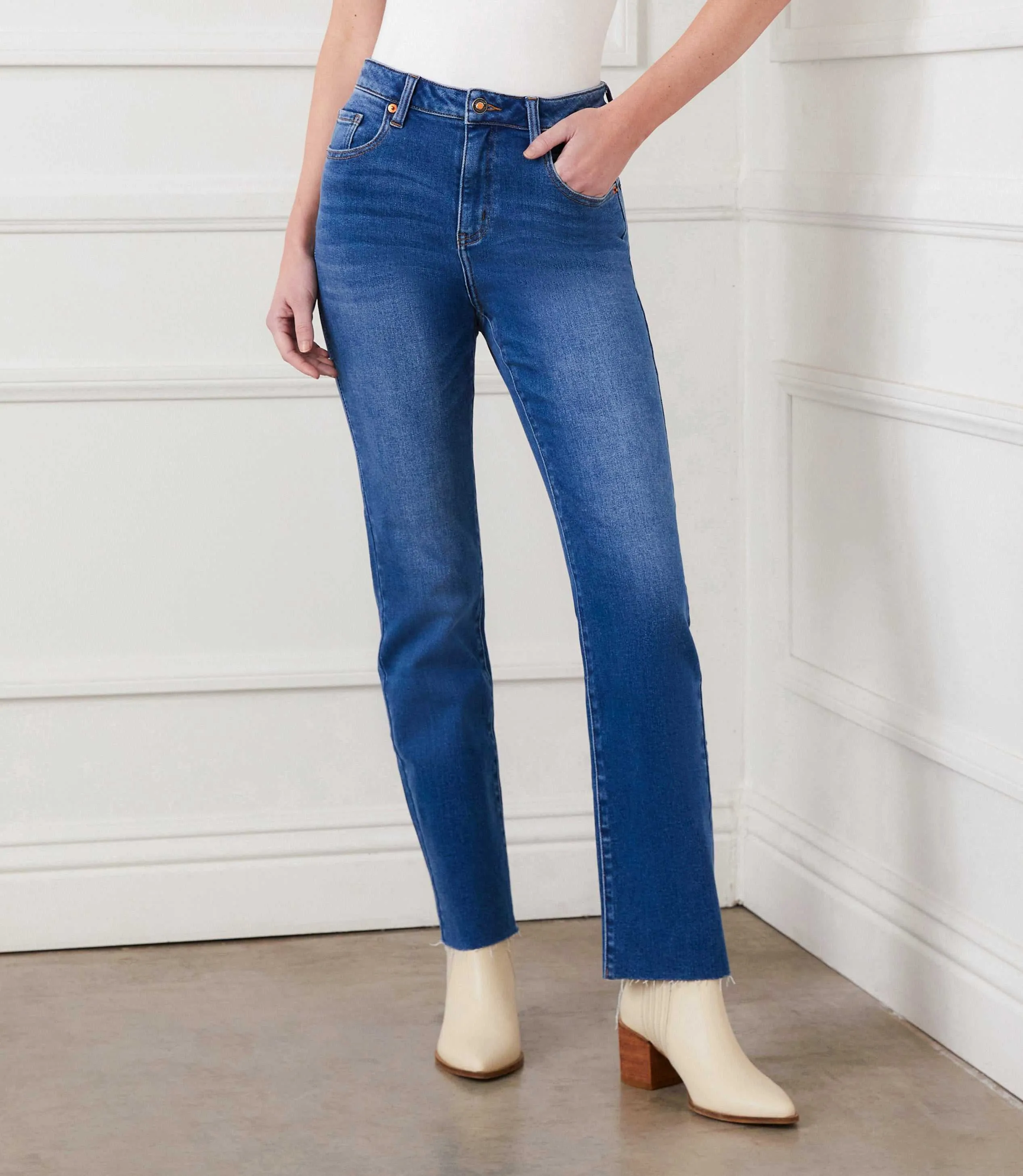 Raw Hem Straight Jeans sold by Karen Kane