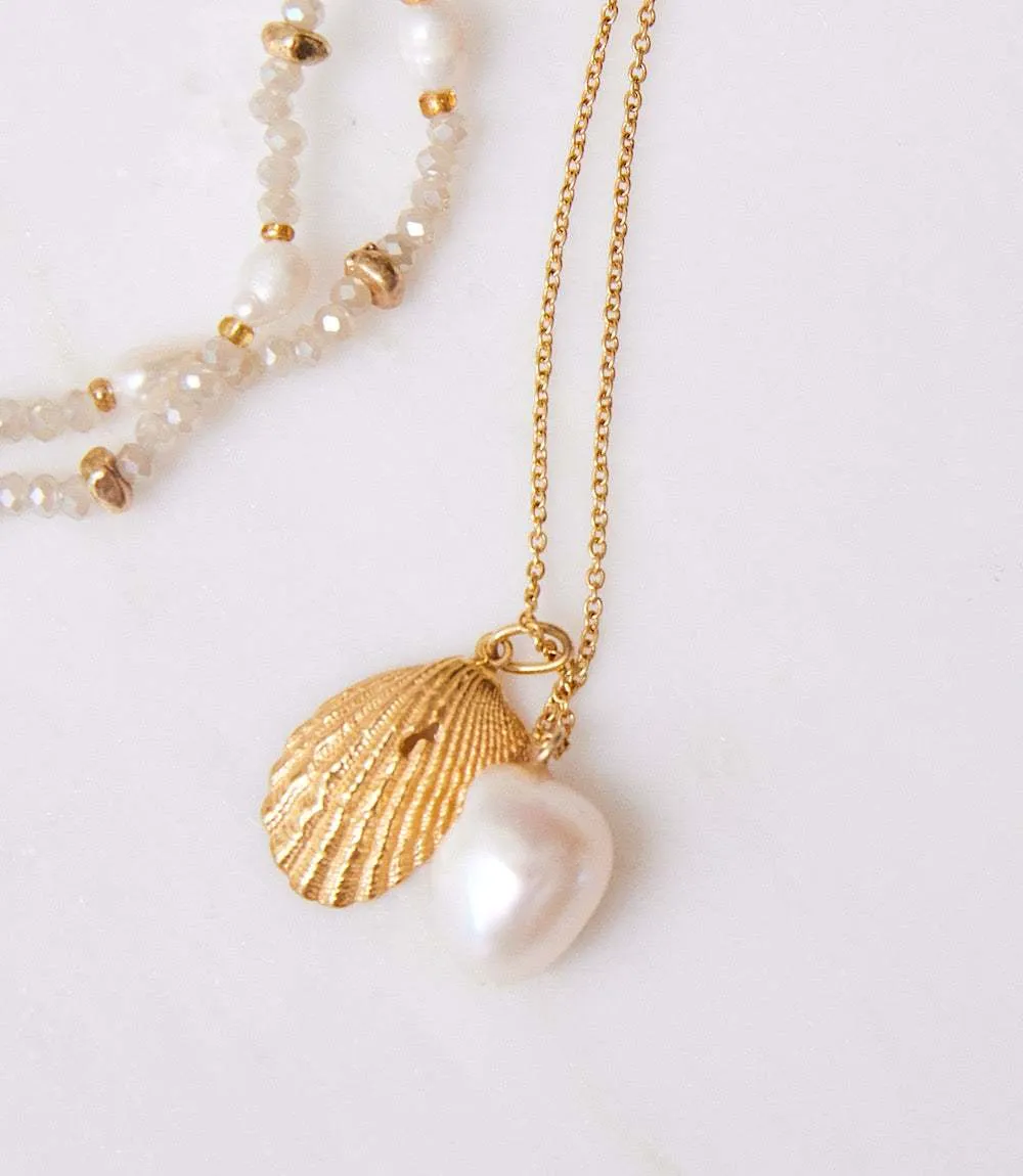 Gold Plated Shell And Pearl Necklace sold by Karen Kane