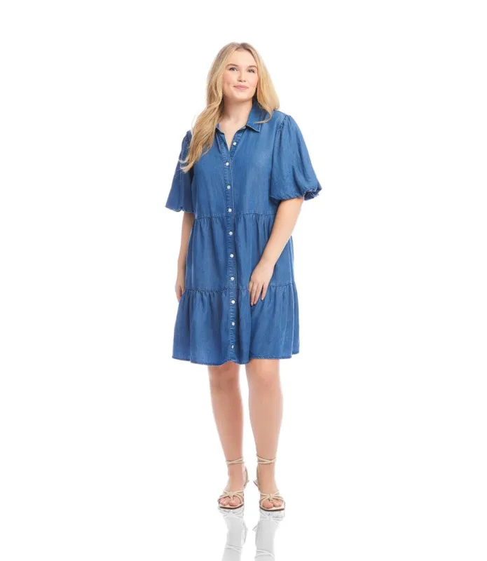 Plus Size Puff Sleeve Tiered Shirtdress sold by Karen Kane