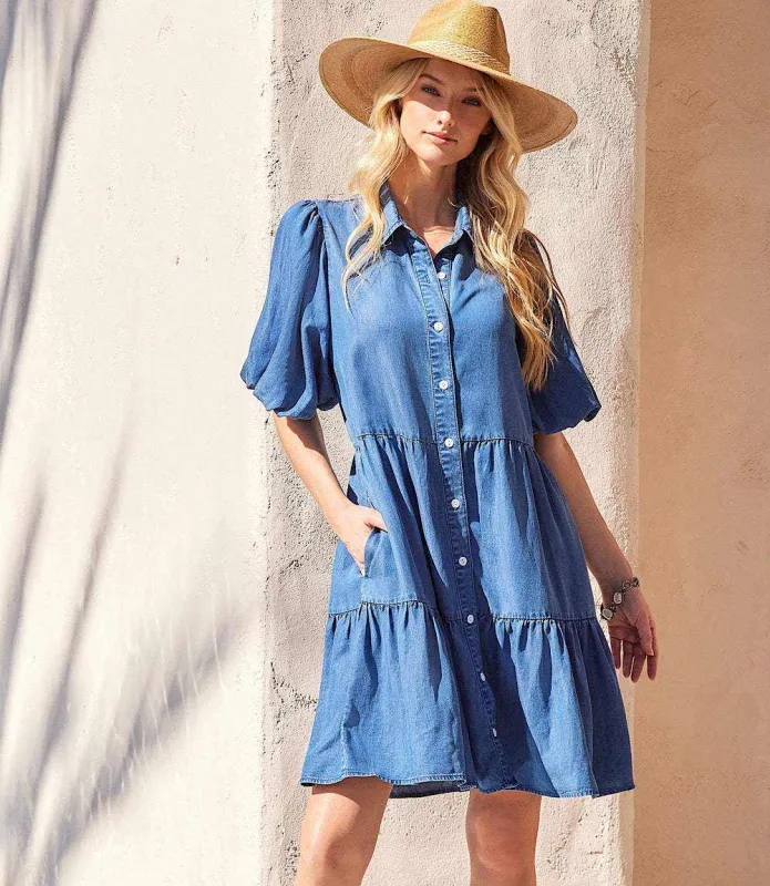 Puff Sleeve Tiered Shirtdress sold by Karen Kane