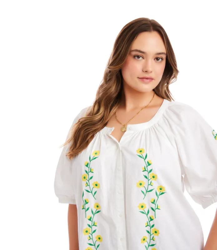 Plus Size Puff Sleeve Embroidered Peasant Top made by Karen Kane