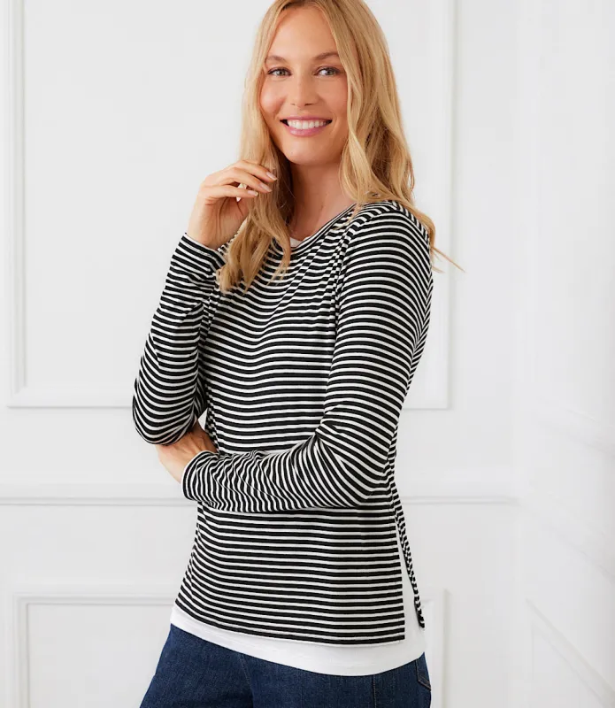 Petite Size Long Sleeve Stripe Double Layer Side-Slit Top made by Karen Kane