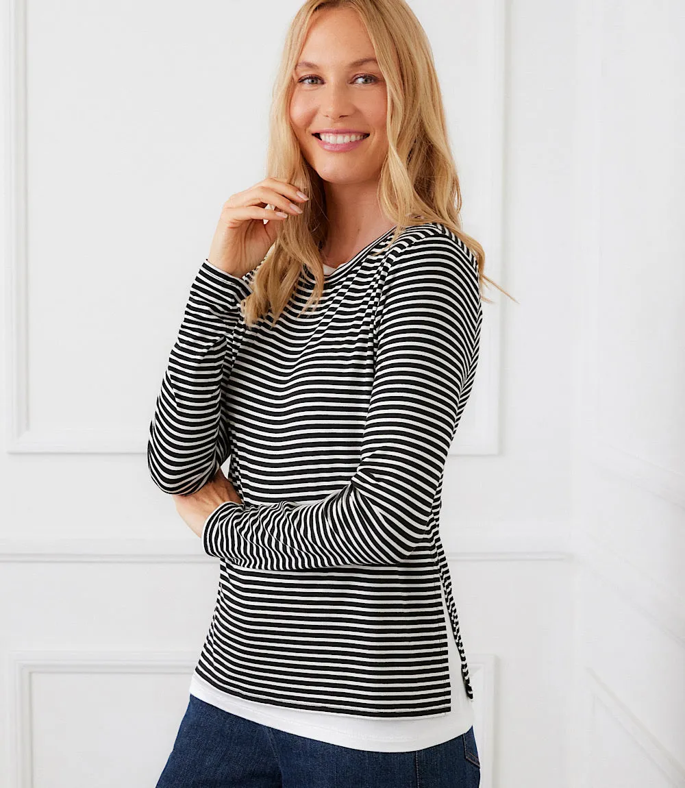 Long Sleeve Stripe Double Layer Side-Slit Top sold by Karen Kane product image thumbnail 2