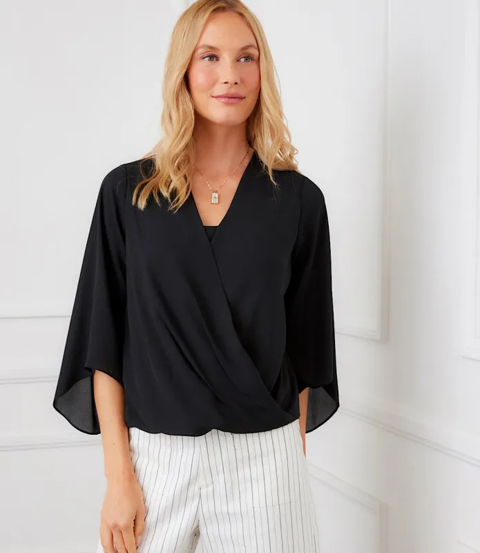 Petite Size Bracelet Sleeve Drape Front Crossover Top sold by Karen Kane