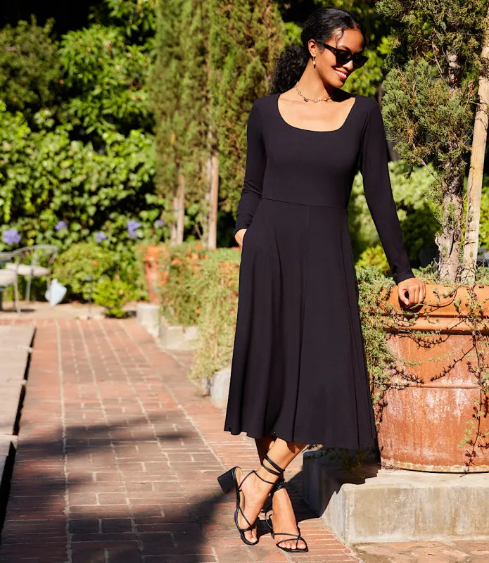 Long Sleeve Ribbed Scoop Neck A-Line Dress made by Karen Kane