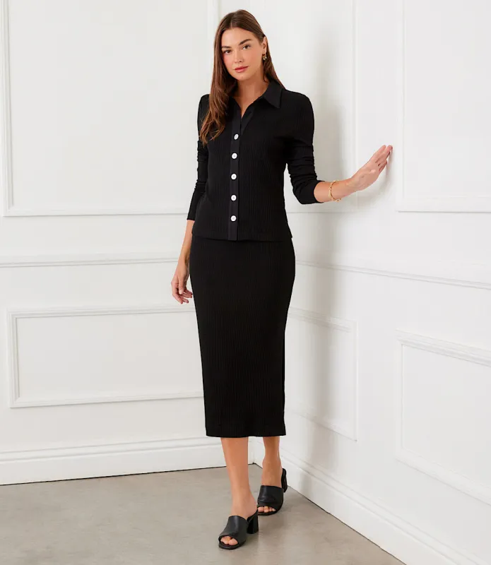 Ribbed Side-Slit Midi Skirt sold by Karen Kane