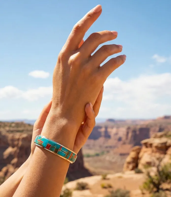 Turquoise And Spiny Oyster Mosaic Cuff Bracelet sold by Karen Kane