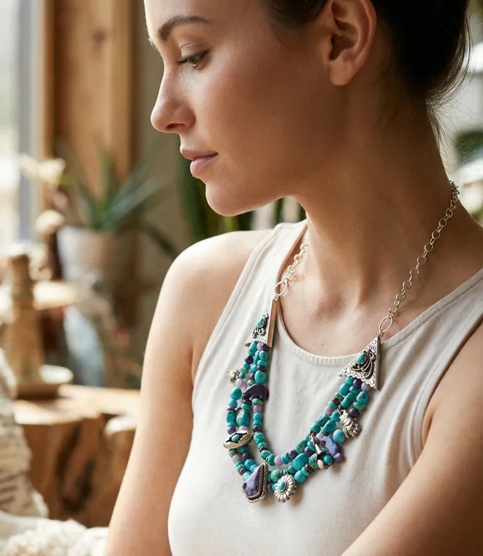 Vintage Turquoise & Amethyst Multistrand Necklace made by Karen Kane