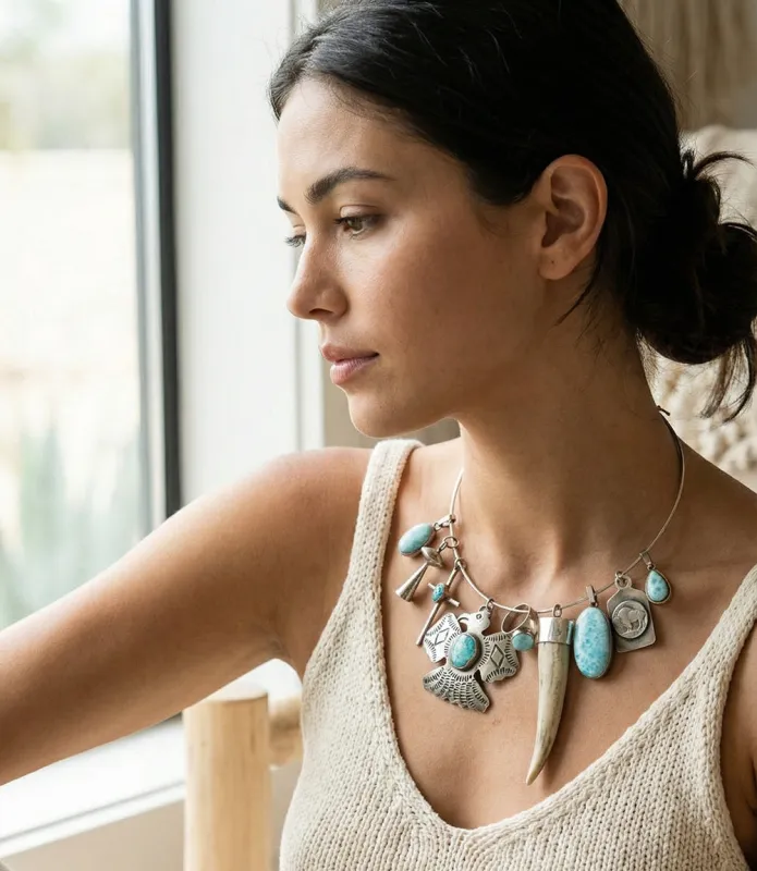 Larimar, Horn, Eagle, And Buffalo Coin Necklace sold by Karen Kane