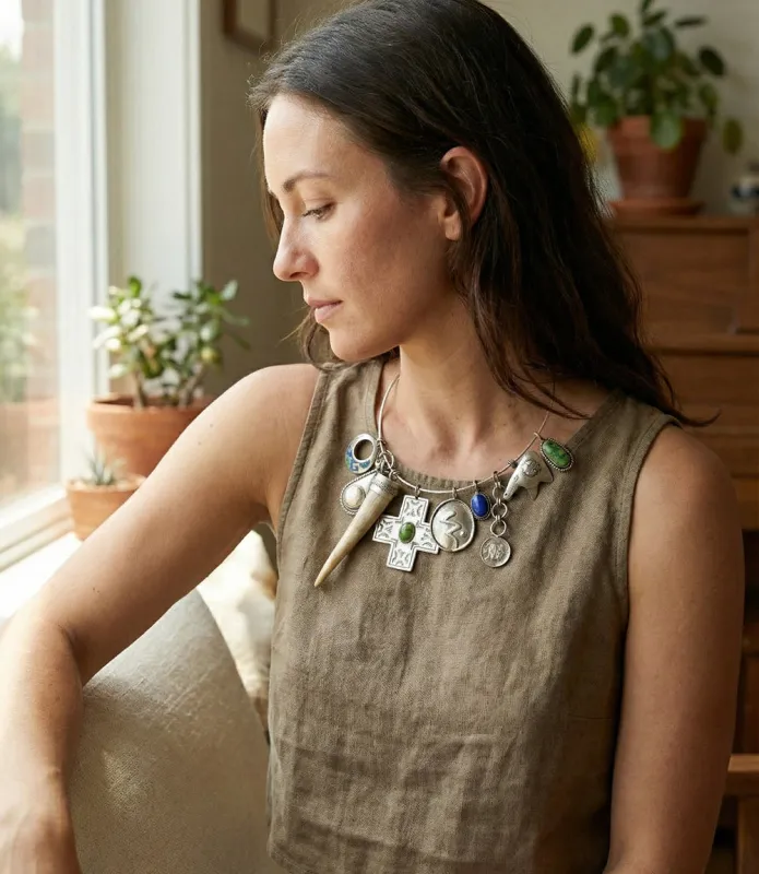 Lapis & Green Turquoise, Horn And Silver Necklace sold by Karen Kane