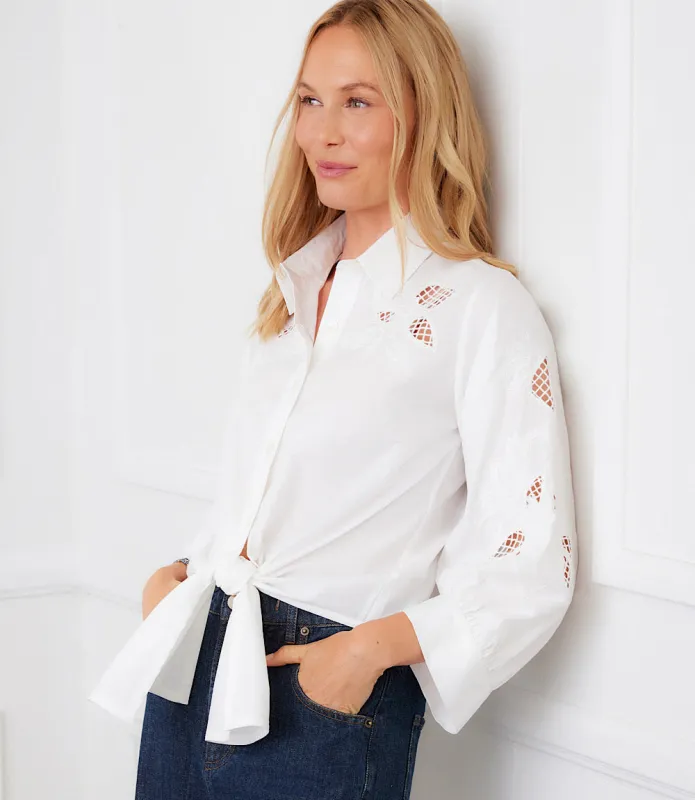 Blouson Sleeve Embroidered Tie-Front Top made by Karen Kane