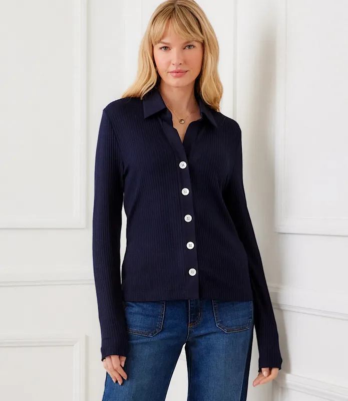 Ribbed Long Sleeve Button Front Top made by Karen Kane