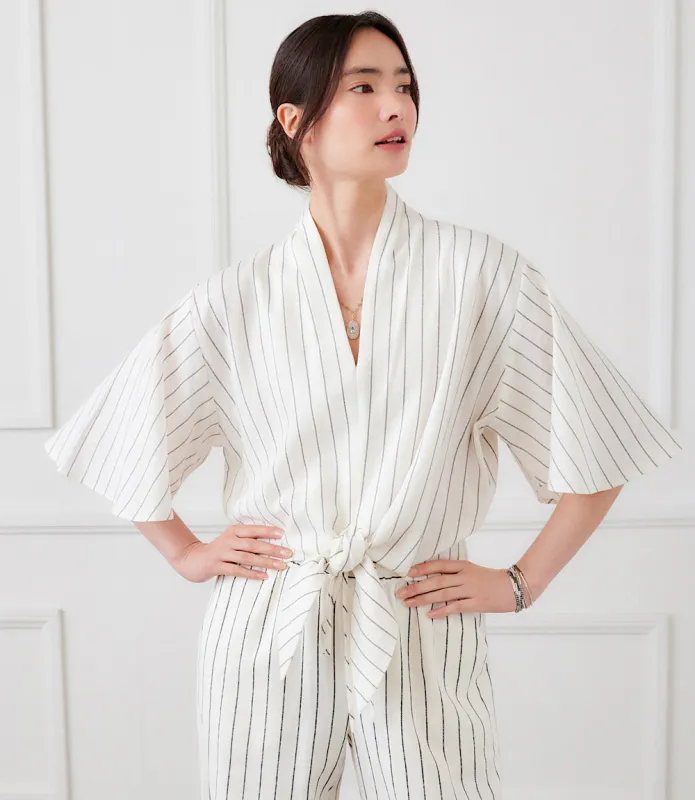 Linen Blend Stripe Flare Sleeve Tie-Front Top made by Karen Kane