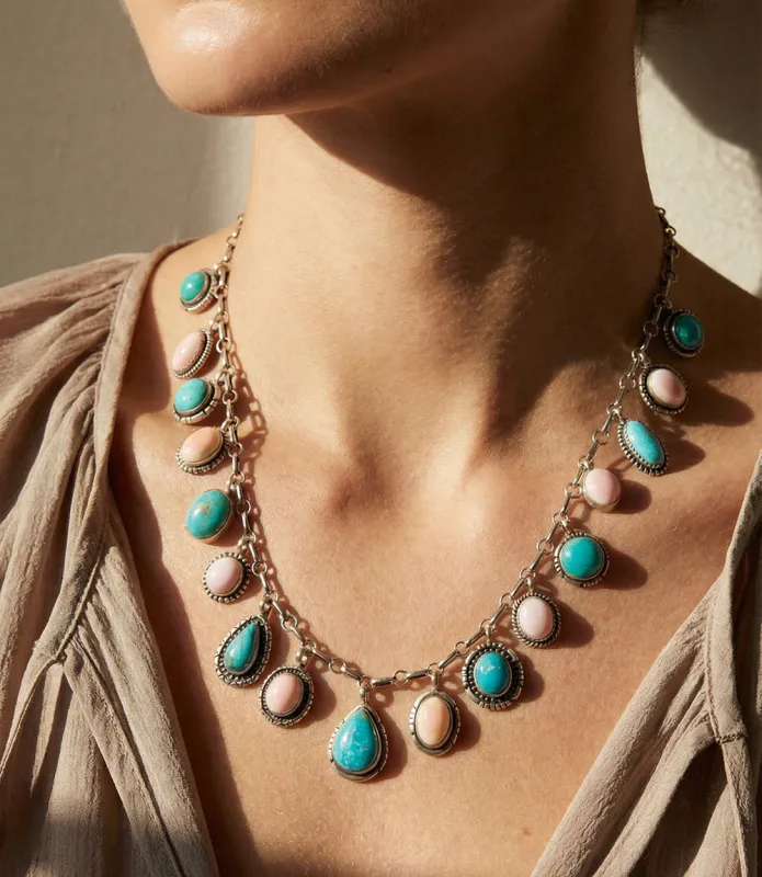 Dangling Turquoise And Pink Conch Necklace made by Karen Kane