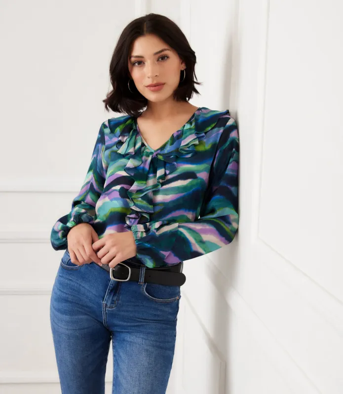 Blouson Sleeve Ruffle Neckline Top made by Karen Kane