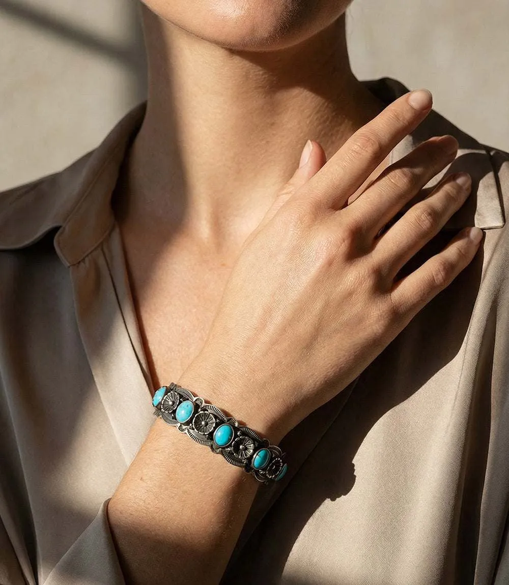 Turquoise & Sterling Silver Flower Cuff Bracelet sold by Karen Kane