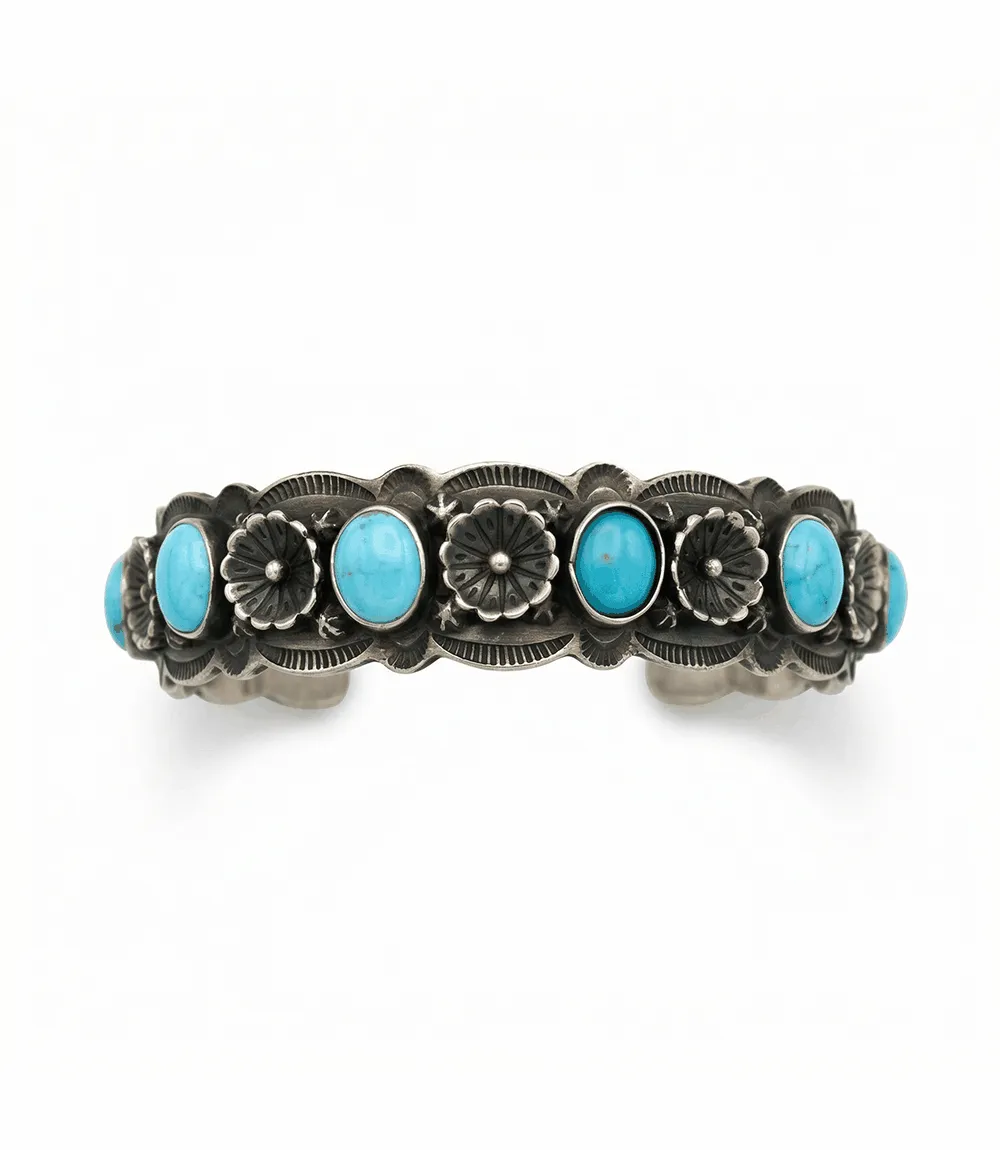 Turquoise & Sterling Silver Flower Cuff Bracelet sold by Karen Kane product image thumbnail 2