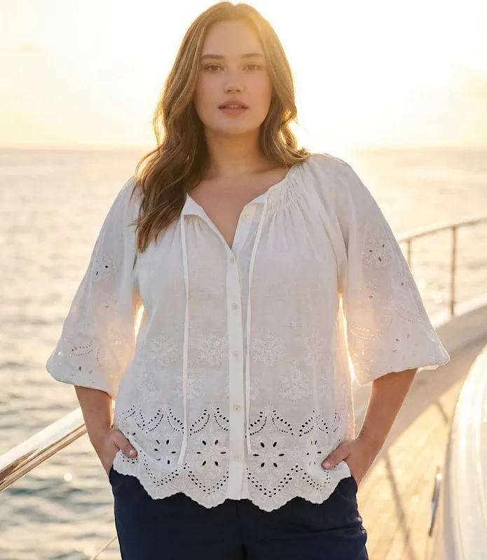Plus Size Puff Sleeve Embroidered Top sold by Karen Kane