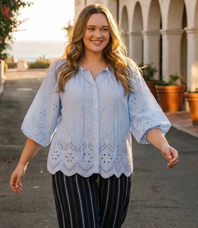 Plus Size Puff Sleeve Embroidered Top made by Karen Kane