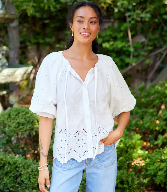 Puff Sleeve Embroidered Top made by Karen Kane