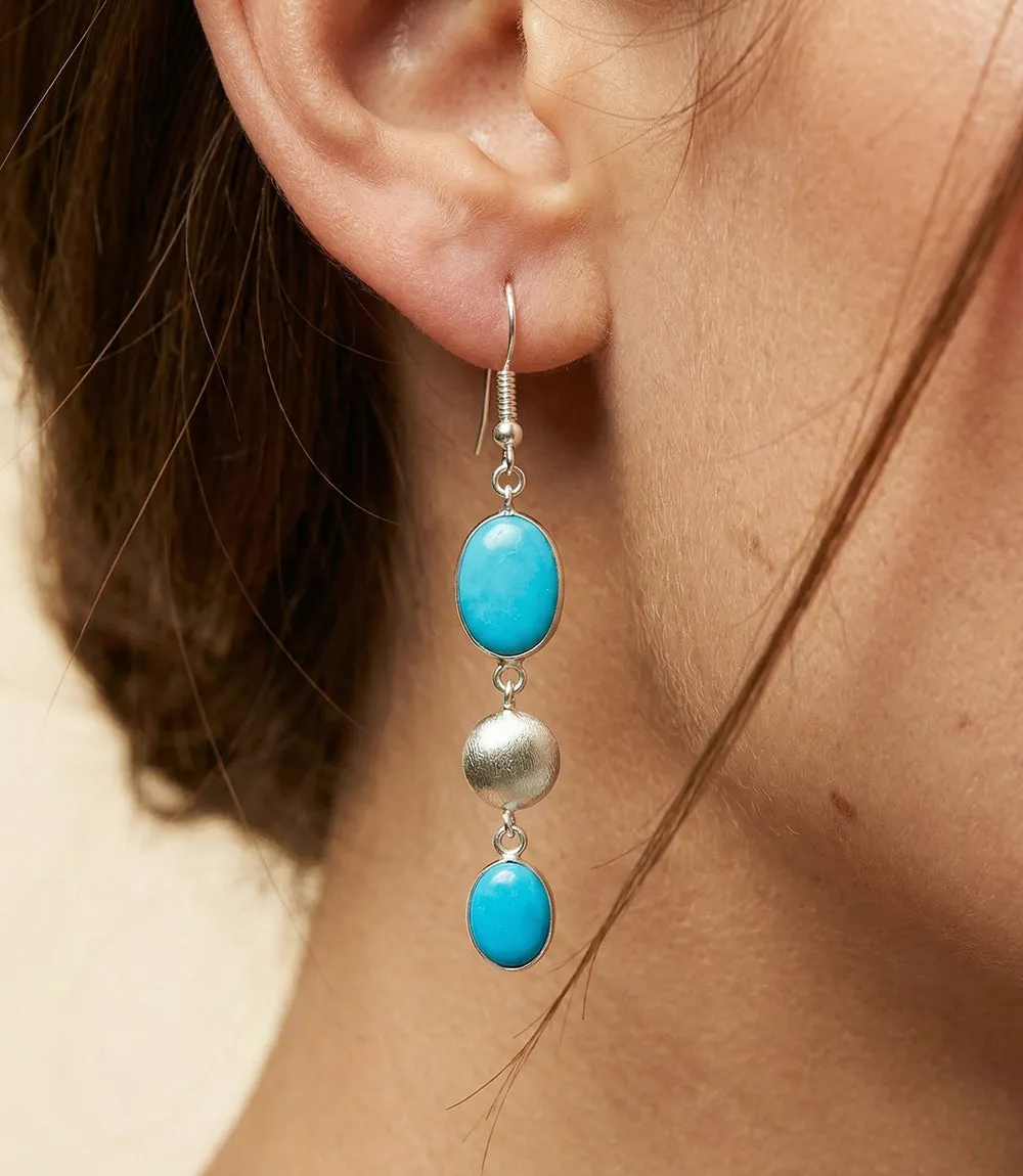 Triple Drop Turquoise And Silver Bead Earrings sold by Karen Kane