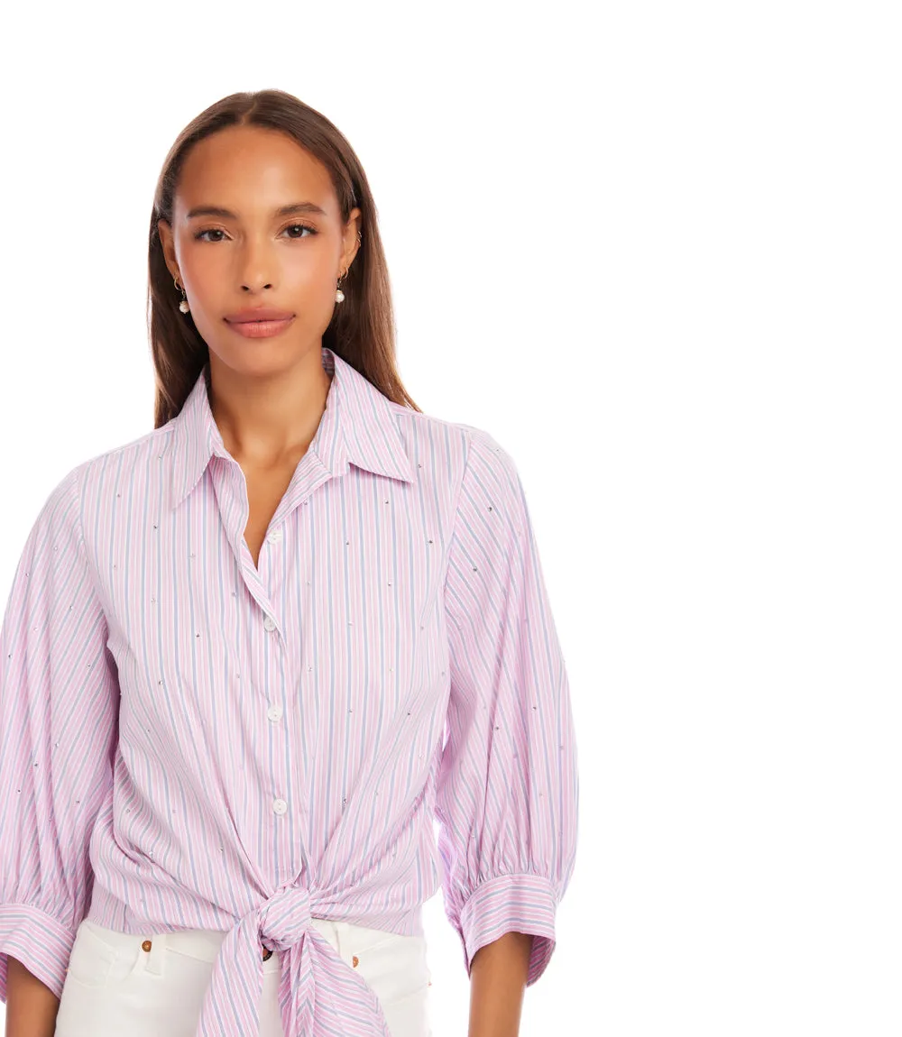 Stripe Blouson Sleeve Embellished Tie-Front Top sold by Karen Kane product image thumbnail 5