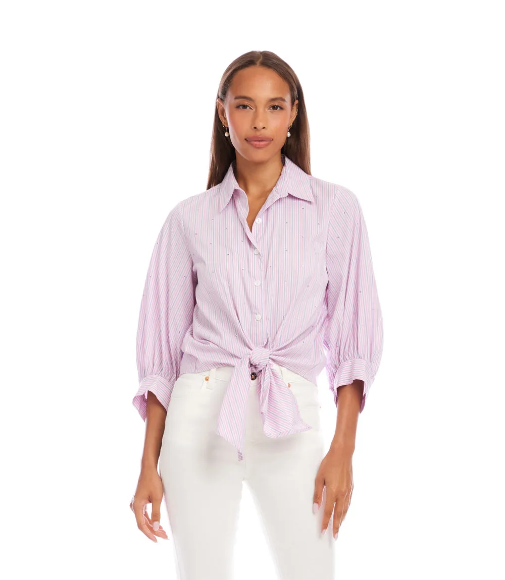 Stripe Blouson Sleeve Embellished Tie-Front Top sold by Karen Kane product image thumbnail 3