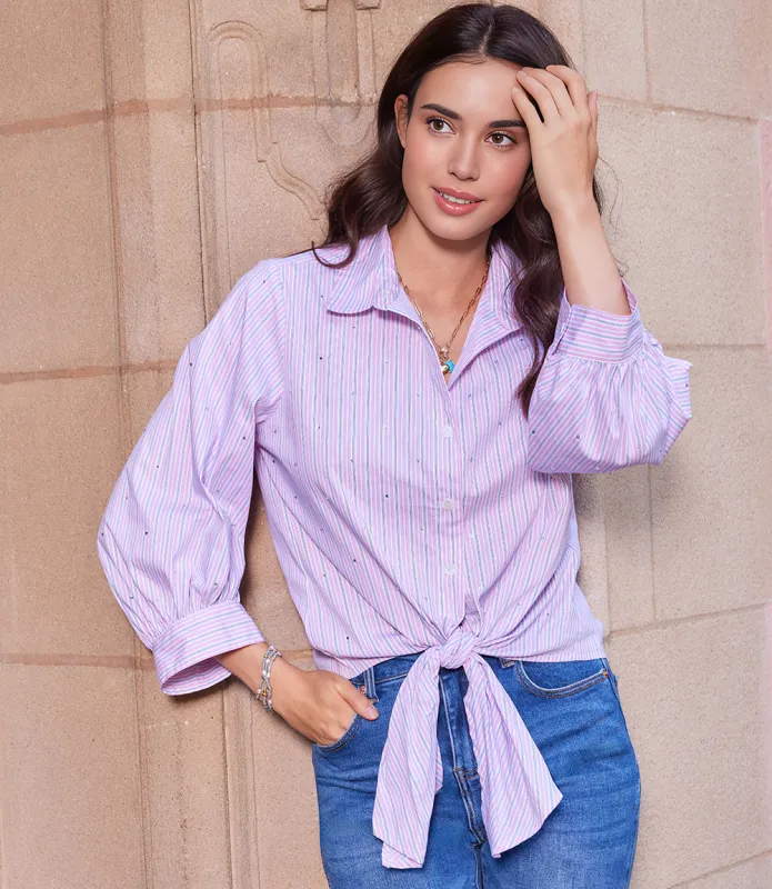 Stripe Blouson Sleeve Embellished Tie-Front Top made by Karen Kane