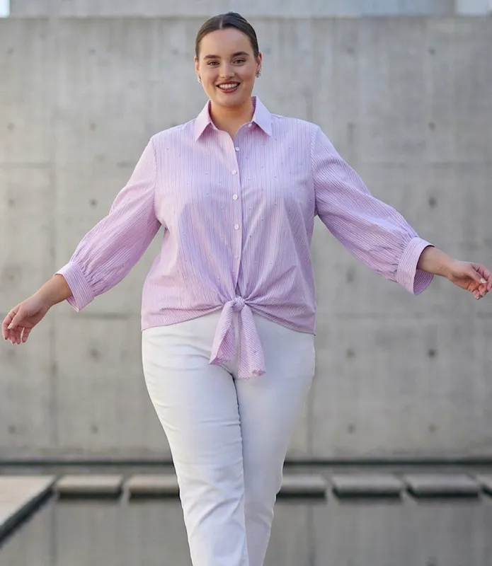 Plus Size Stripe Blouson Sleeve Embellished Tie-Front Top made by Karen Kane