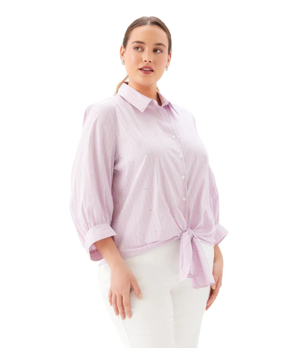 Plus Size Stripe Blouson Sleeve Embellished Tie-Front Top sold by Karen Kane product image thumbnail 3