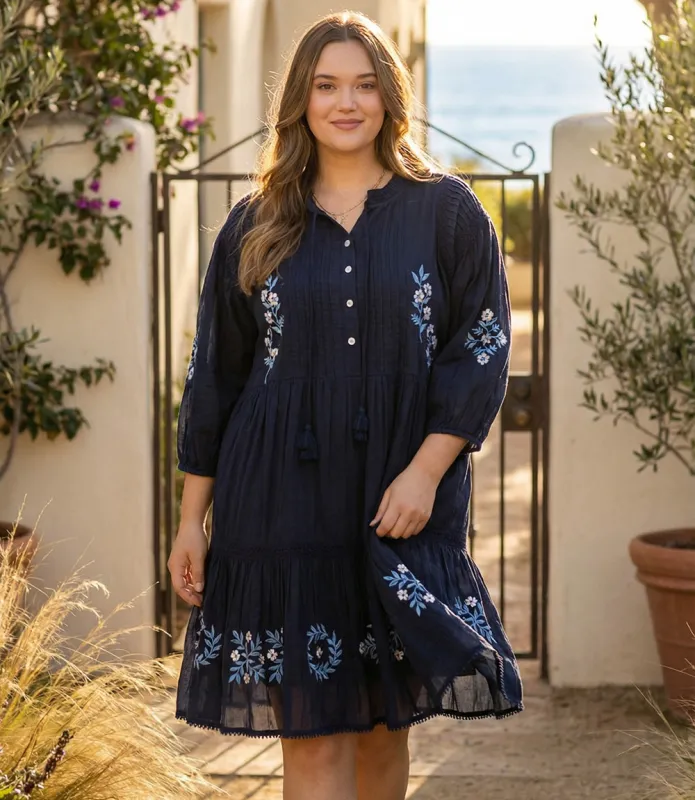 Plus Size Blouson Sleeve Embroidered Lace Trim Tiered Dress made by Karen Kane