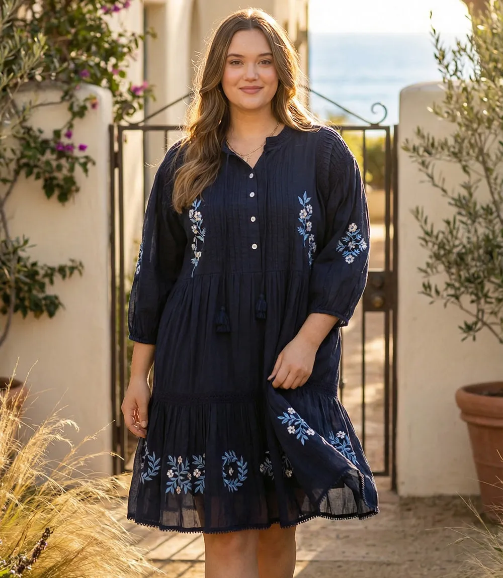 Plus Size Blouson Sleeve Embroidered Lace Trim Tiered Dress sold by Karen Kane