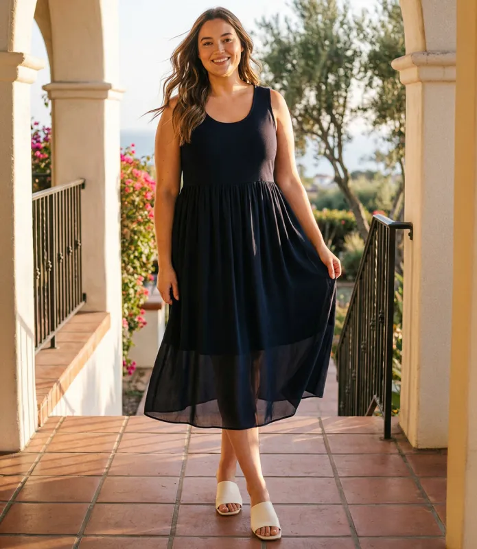 Plus Size Sleeveless Contrast Midi Dress made by Karen Kane
