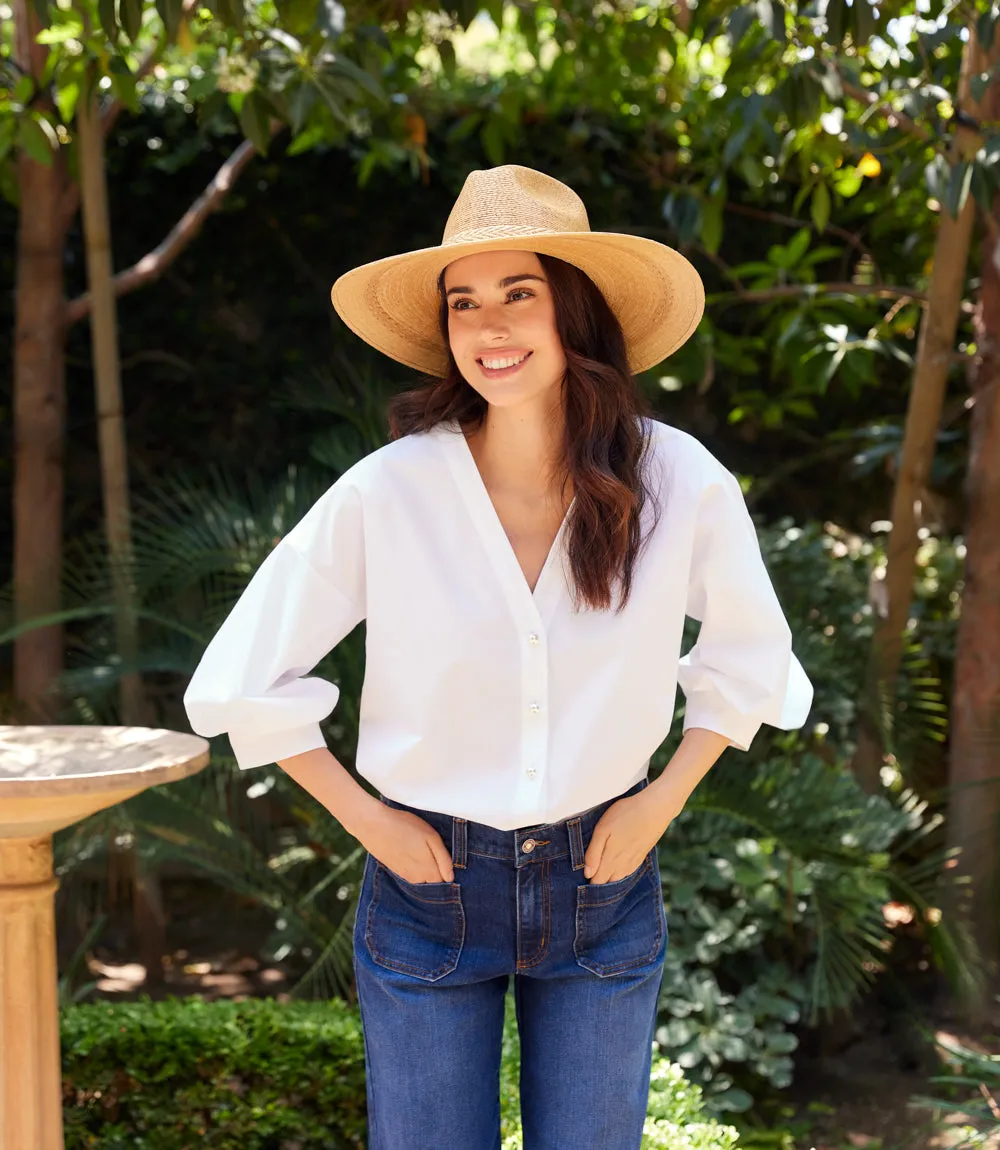 Lantern Sleeve Pearl Button Top sold by Karen Kane