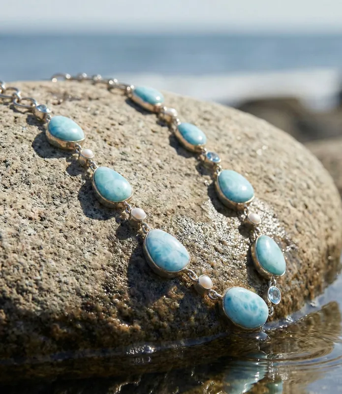 Larimar, Blue Topaz, And Mother Of Pearl Necklace made by Karen Kane