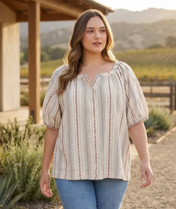 Plus Size Stripe Puff Sleeve Embroidered Peasant Top made by Karen Kane