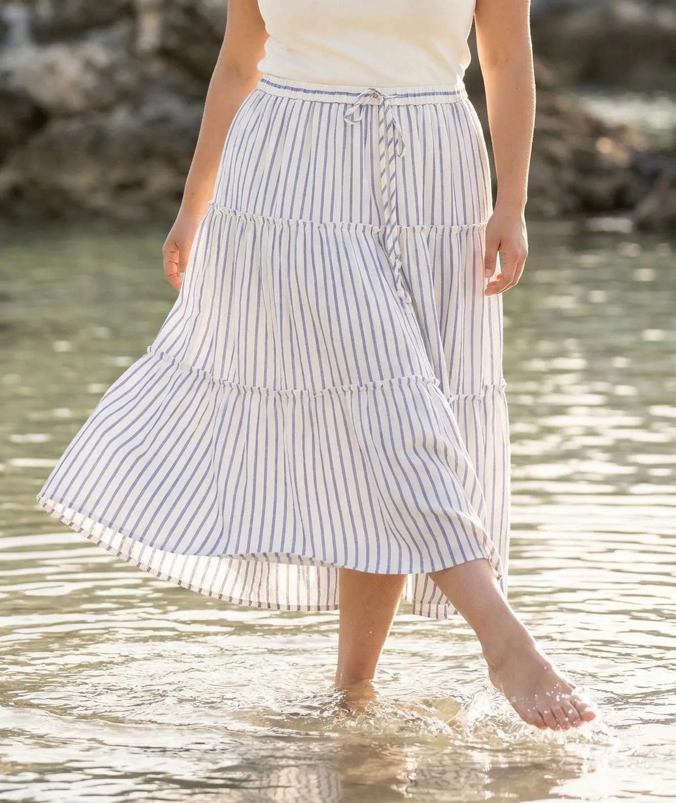 Plus Size Stripe Tiered Midi Skirt sold by Karen Kane