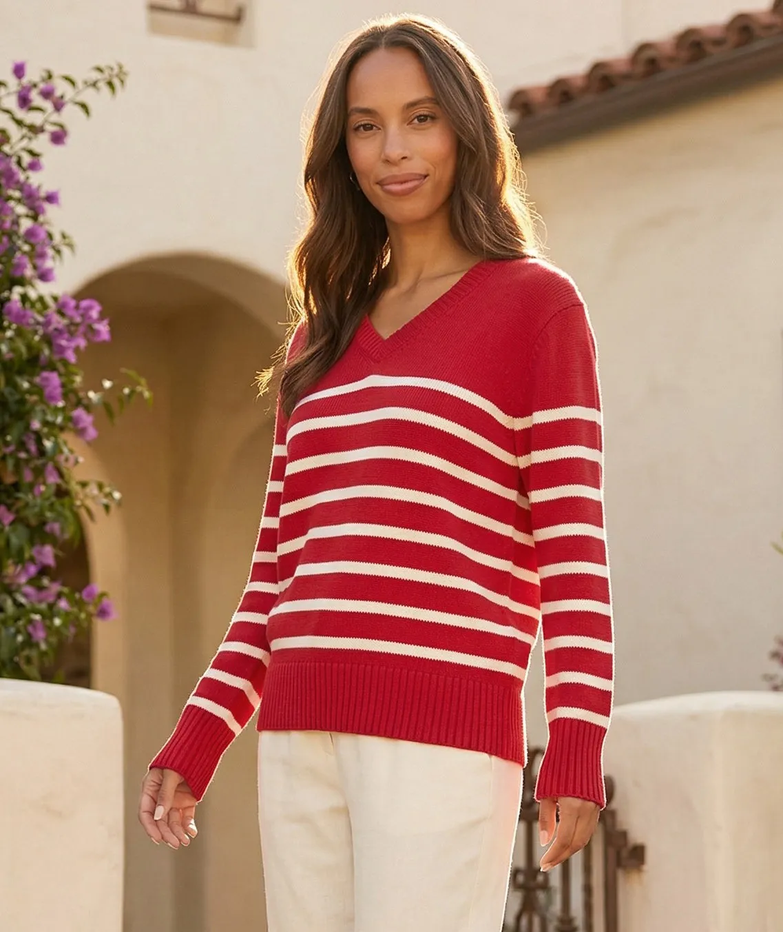 Stripe V-Neck Sweater sold by Karen Kane