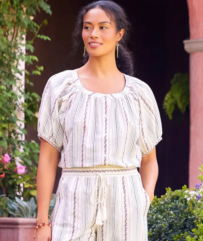 Stripe Puff Sleeve Embroidered Peasant Top made by Karen Kane