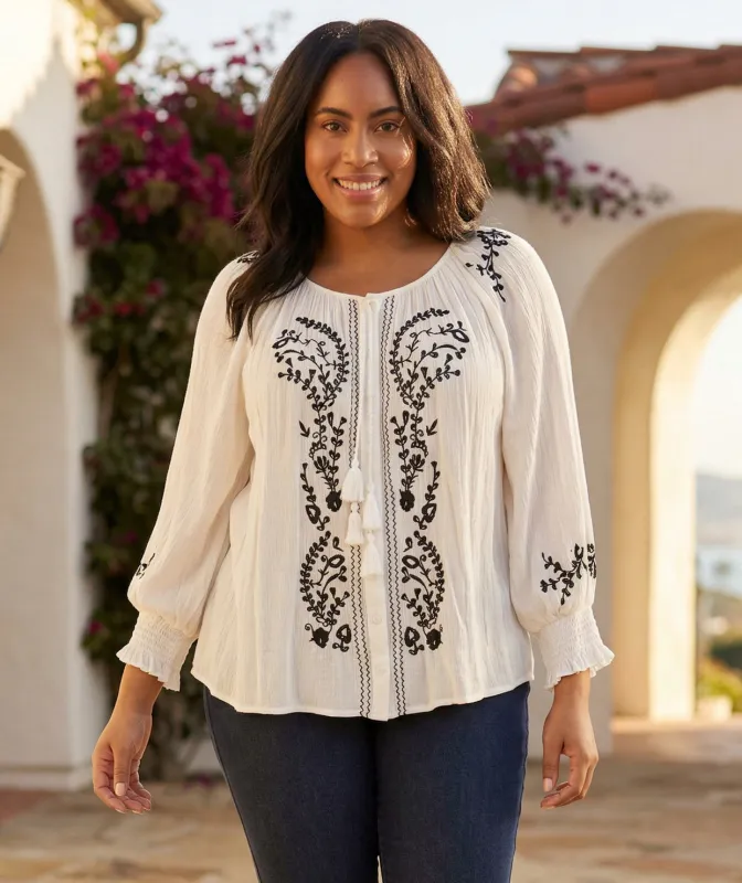 Plus Size Embroidered Peasant Top made by Karen Kane