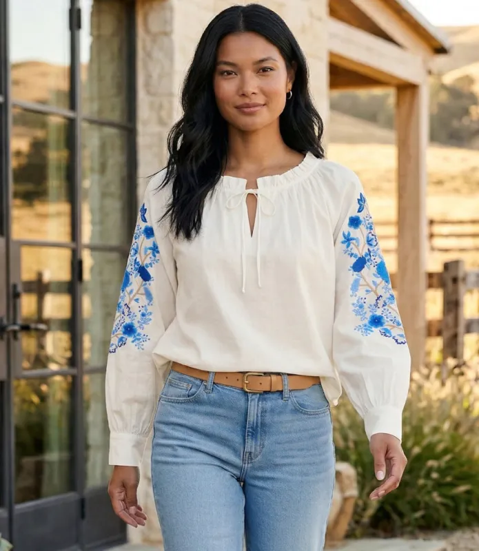 Embroidered Blouson Sleeve Tie-Neck Peasant Top made by Karen Kane