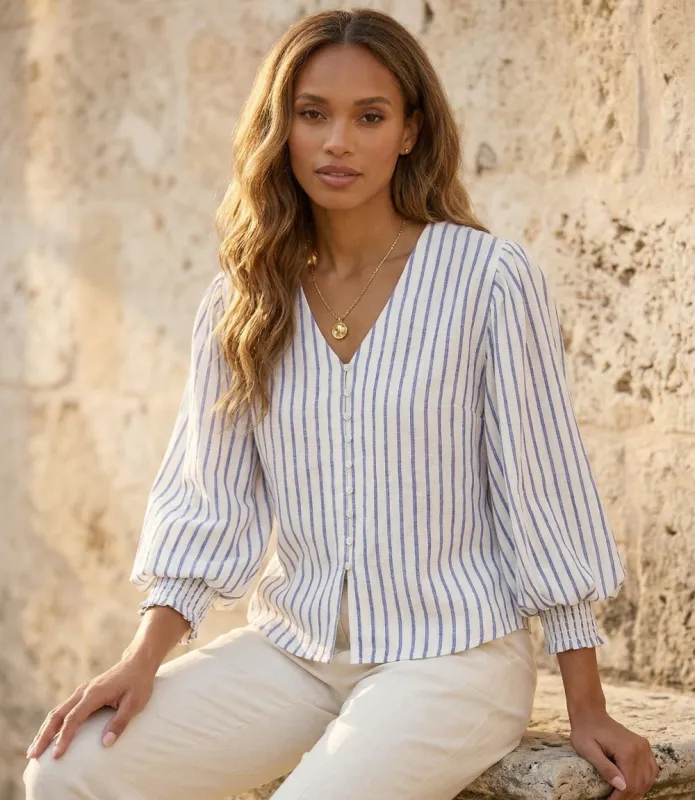 Stripe Layered Sleeve Shirred Blouse made by Karen Kane