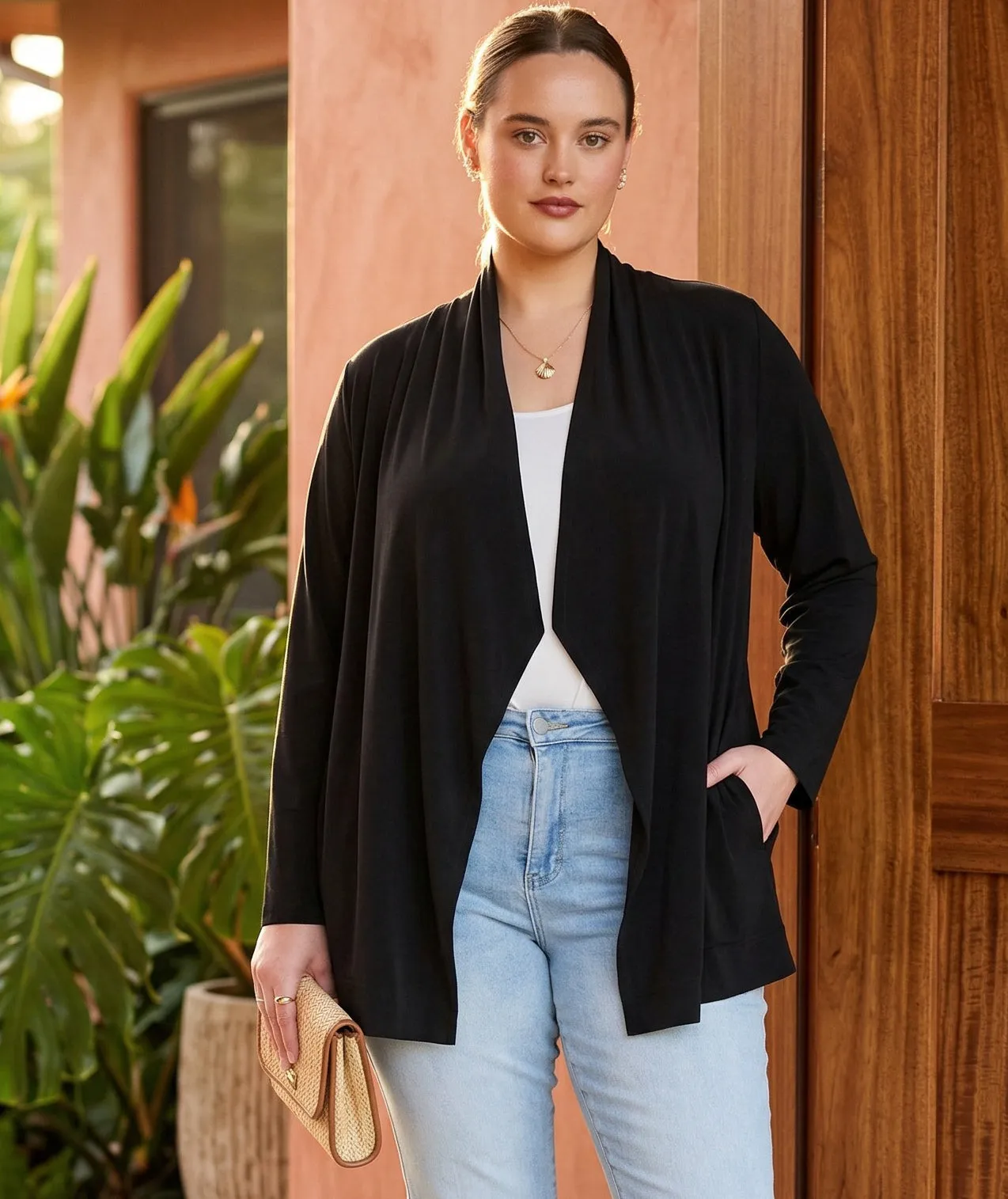Plus Size Drape Travel Jersey Cardigan sold by Karen Kane