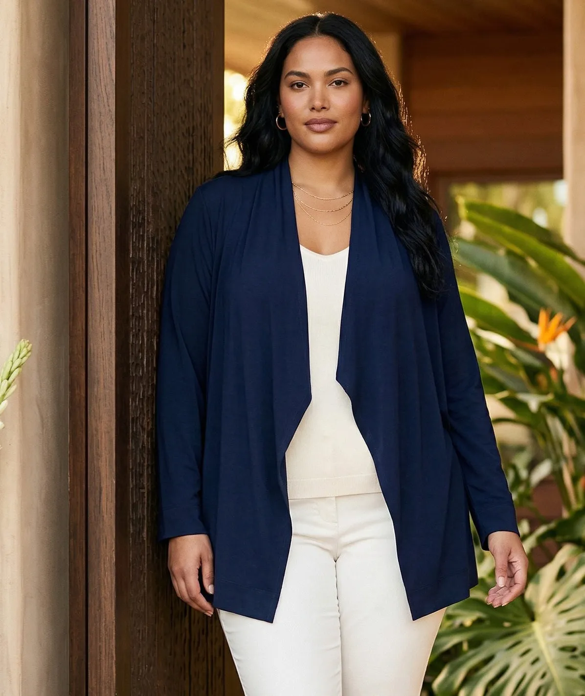 Plus Size Drape Travel Jersey Cardigan sold by Karen Kane