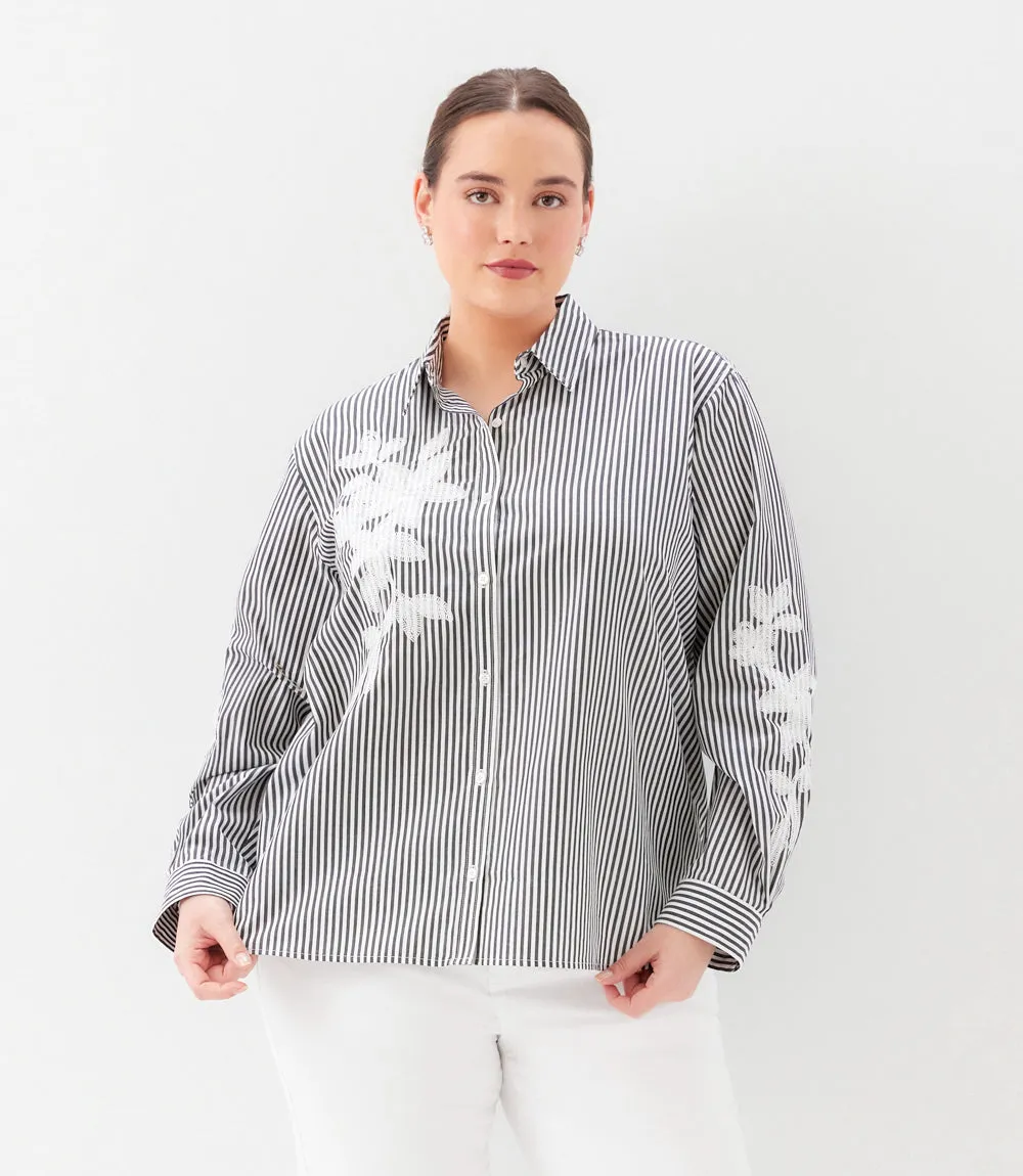 Plus Size Long Sleeve Stripe Embroidered Shirt sold by Karen Kane