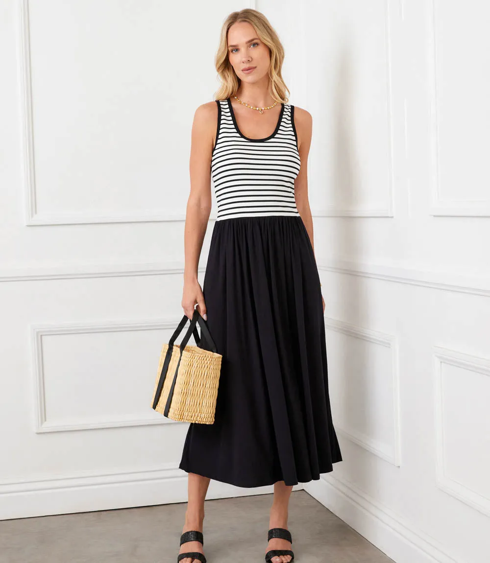 Sleeveless Stripe Bodice Mixed-Media Midi Dress sold by Karen Kane product image thumbnail 3