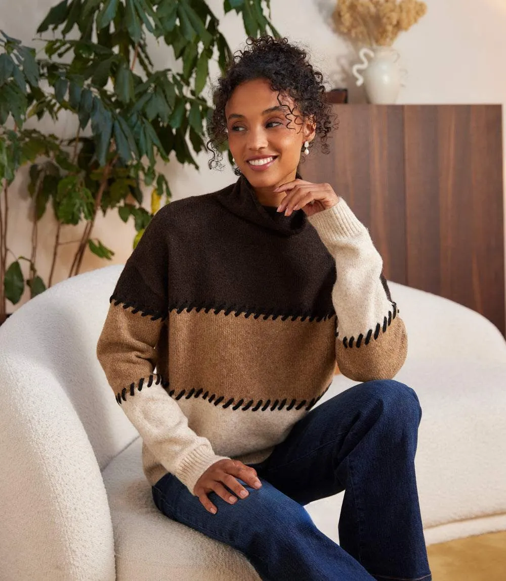 Contrast Stitch Mock Neck Colorblock Sweater sold by Karen Kane