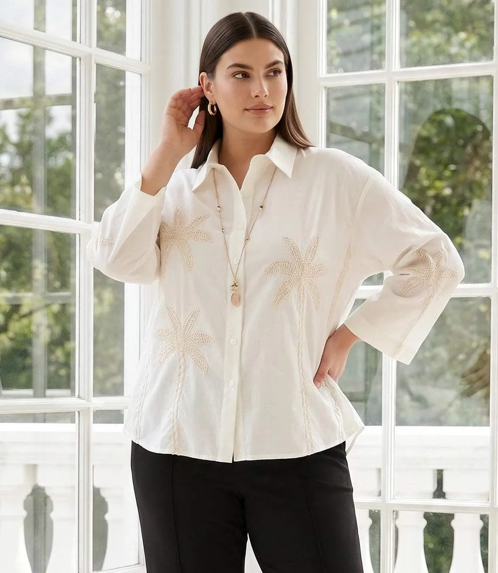 Plus Size Bell Sleeve Embroidered Palm Tree Shirt sold by Karen Kane